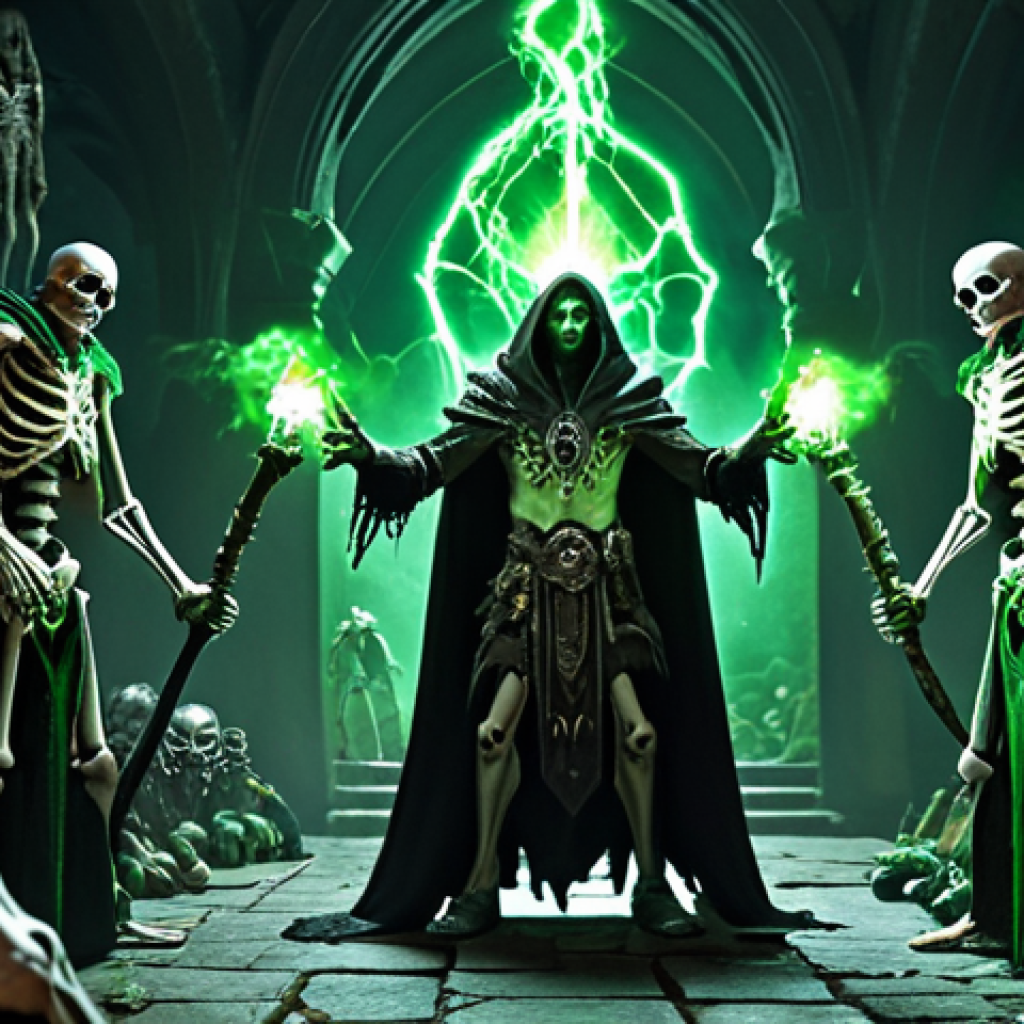 **

A Necromancer surrounded by skeletal warriors and undead minions, casting a powerful spell with glowing green energy. Dark and imposing atmosphere.

**