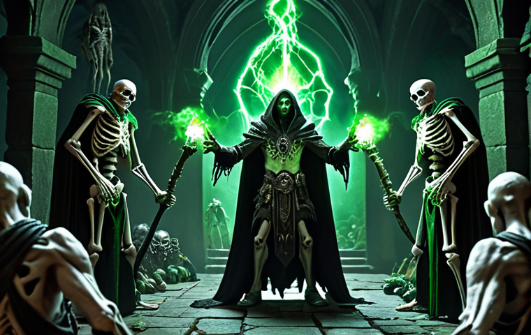 **
A Necromancer surrounded by skeletal warriors and undead minions, casting a powerful spell with glowing green energy. Dark and imposing atmosphere.
**