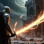 **

A lone warrior, heavily armored and wielding a glowing weapon, stands defiant against a swirling vortex of dark energy. The warrior is surrounded by the shattered remnants of a once-great city. Ominous figures lurk in the shadows. The scene should convey a sense of desperate struggle against impending doom. Style: Epic fantasy painting.

**
