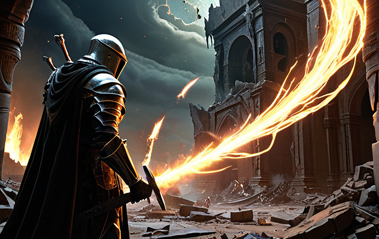 **
A lone warrior, heavily armored and wielding a glowing weapon, stands defiant against a swirling vortex of dark energy. The warrior is surrounded by the shattered remnants of a once-great city. Ominous figures lurk in the shadows. The scene should convey a sense of desperate struggle against impending doom. Style: Epic fantasy painting.
**