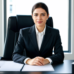 **

A professional businesswoman in a modest business suit, sitting at a desk in a modern office, fully clothed, appropriate attire, safe for work, perfect anatomy, natural proportions, professional photography, high quality.

**